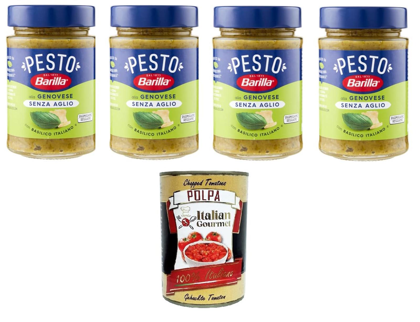 Barilla Pesto Genovese ohne Knoblauch 4x190g +Polpa 400g – Italienisch