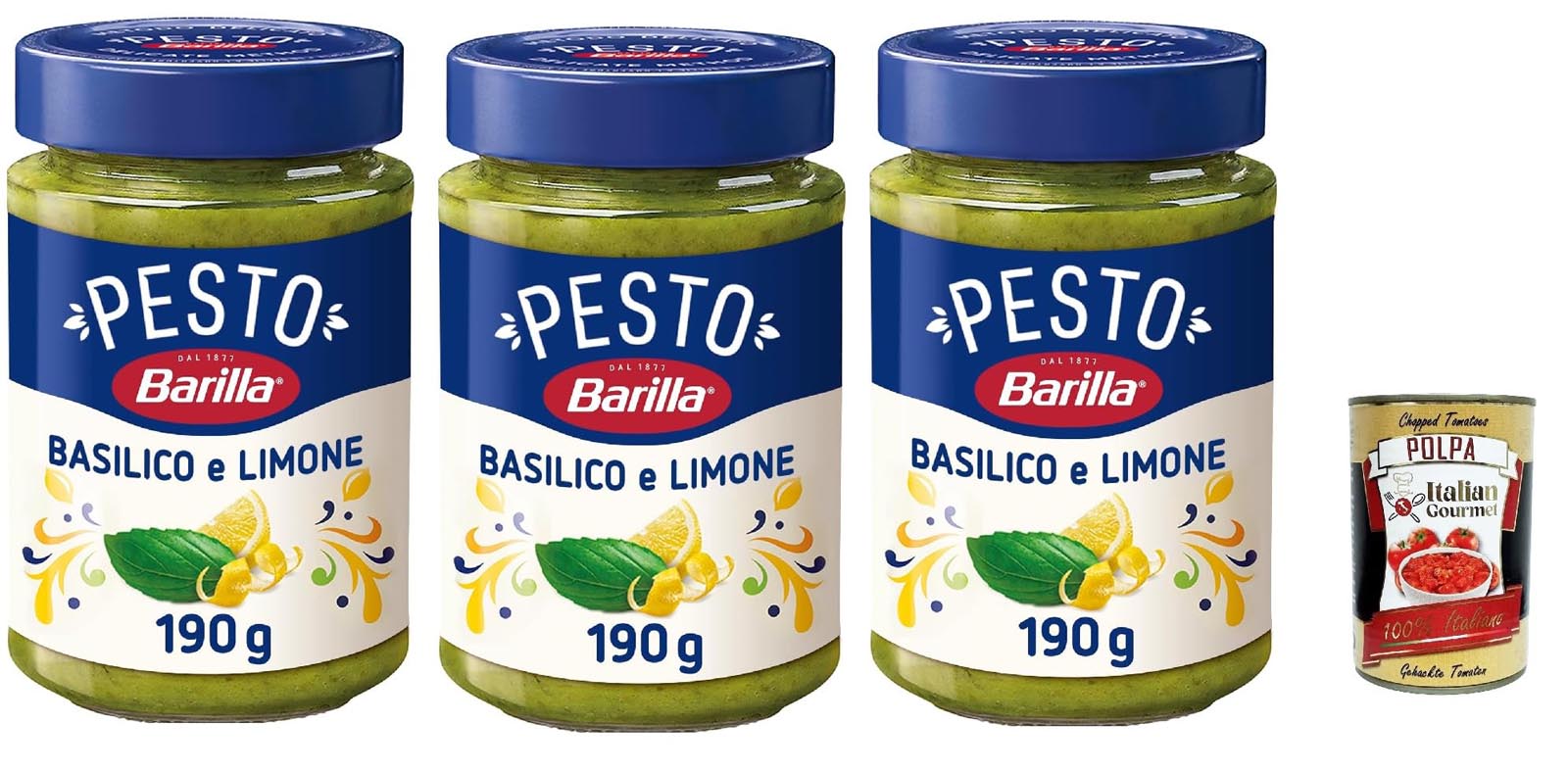 Barilla Pesto Basilico & Limone 3x190g Italienisches Pesto +Polpa 400g